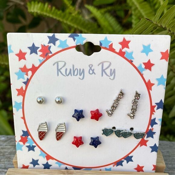 New Ruby & Ry Kids Set of Six 6 Assorted Red/White/Blue Earrings Patriotic USA - Picture 1 of 3
